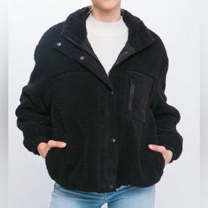 New Sherpa Puffer Jacket Drop Shoulder Collar Full Zipper Three Pockets Black